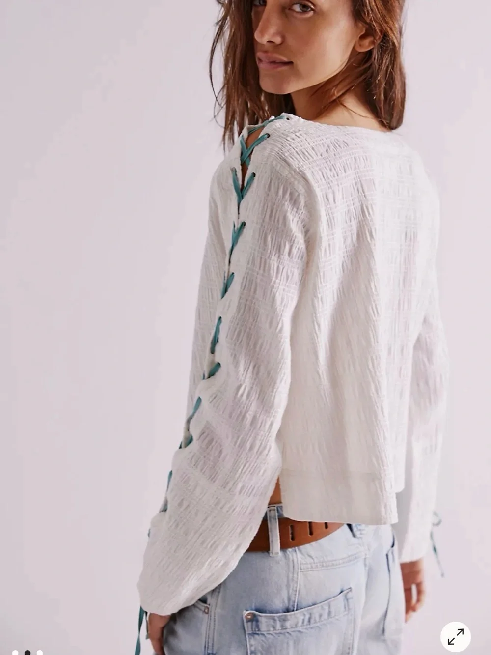 Free People White Lace-Up Sleeve Top with Teal Ties